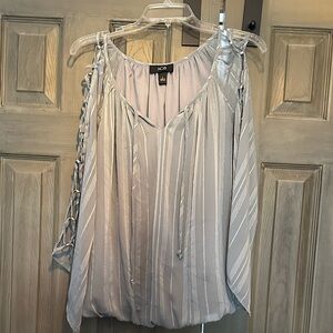 AGB Metallic Silver Blouse with Open laced sleeves, sz L